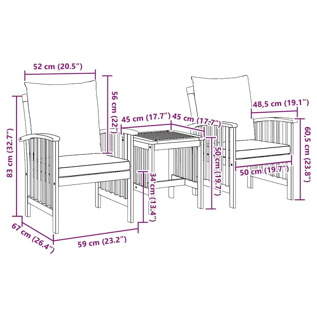 3-Piece Acacia Garden Sofa Set for Outdoors