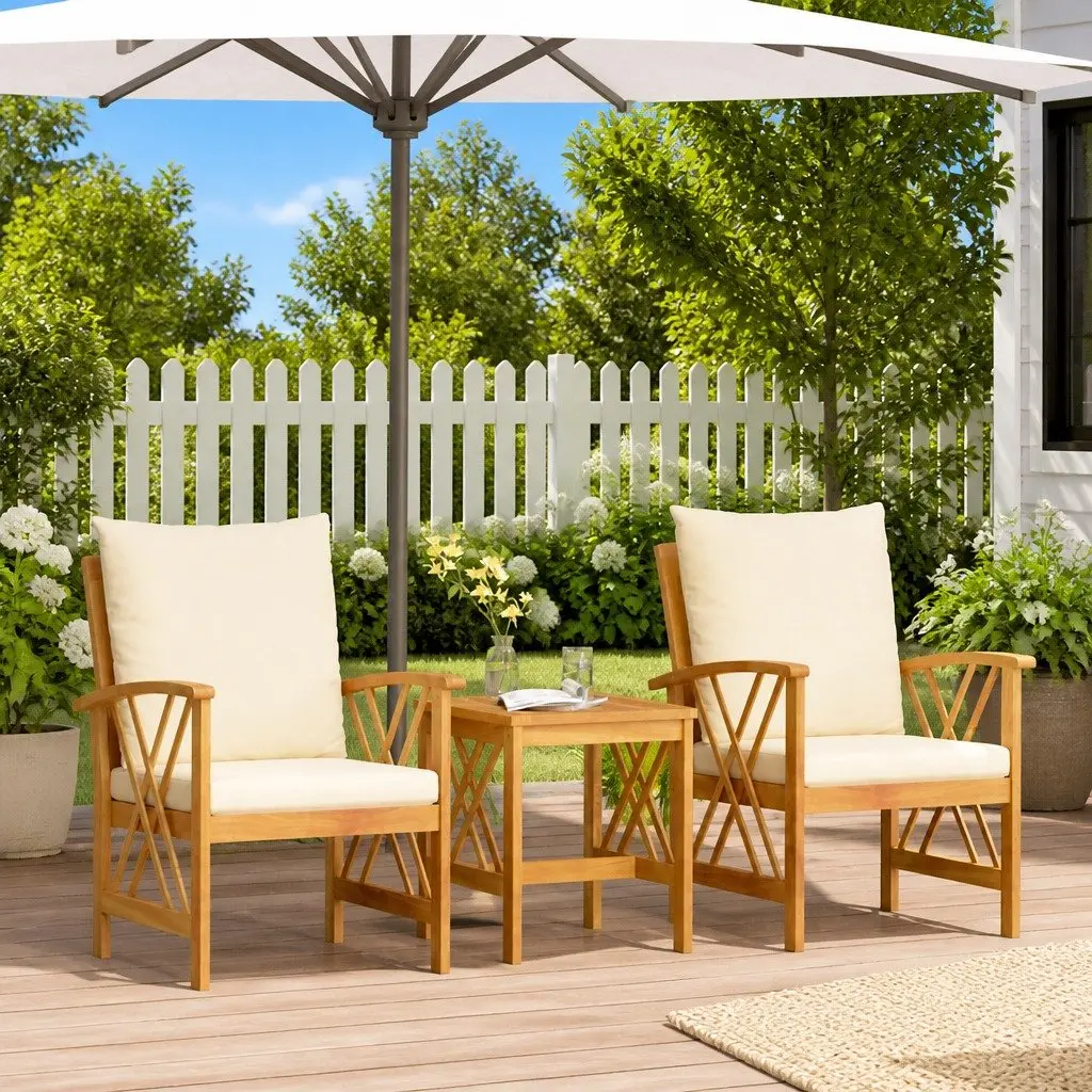 Garden Sofa Set 3 Piece Outdoor Lounge Seating Brown Solid Acacia Wood with Cushions
