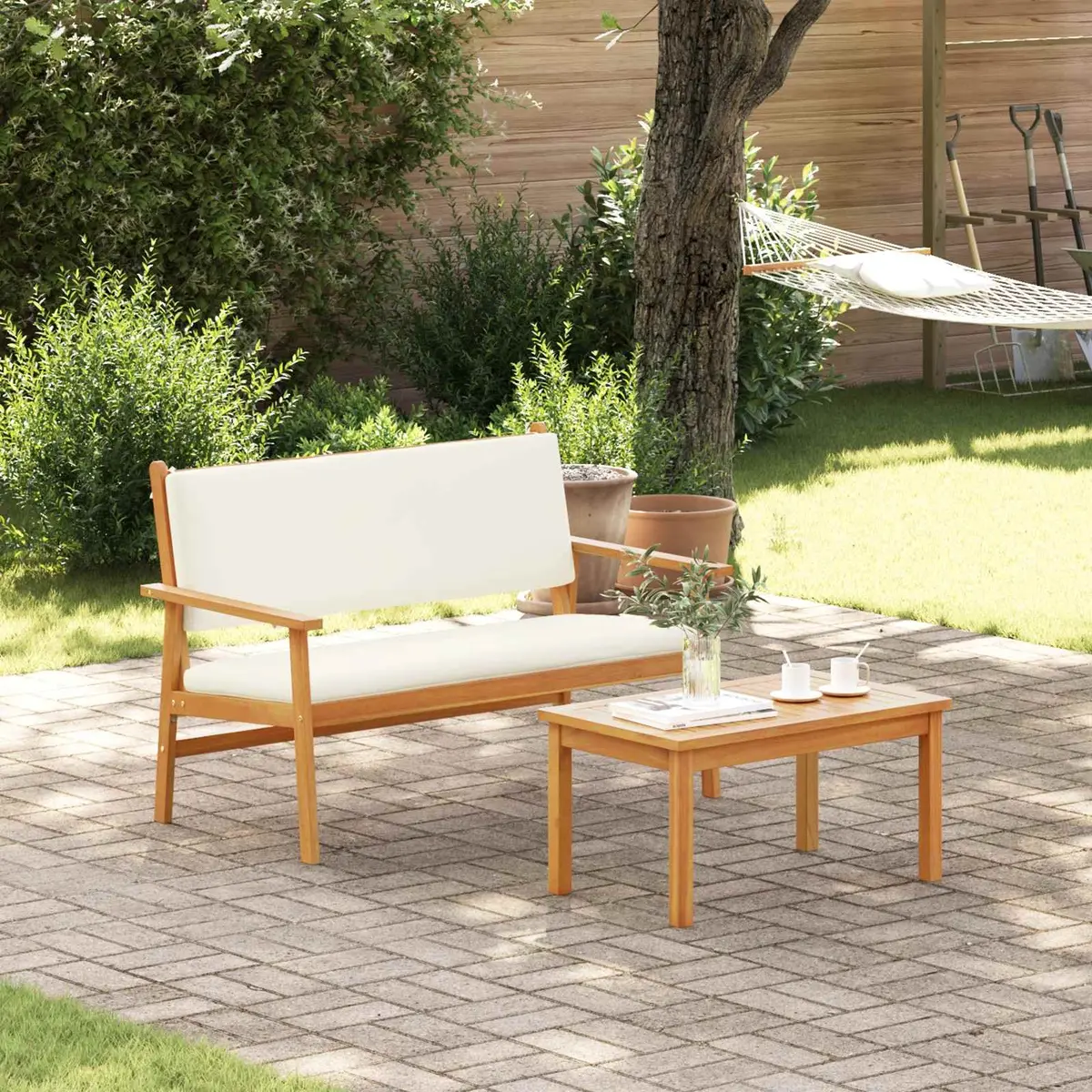 Garden Bench with Cream White Cushion for Comfort