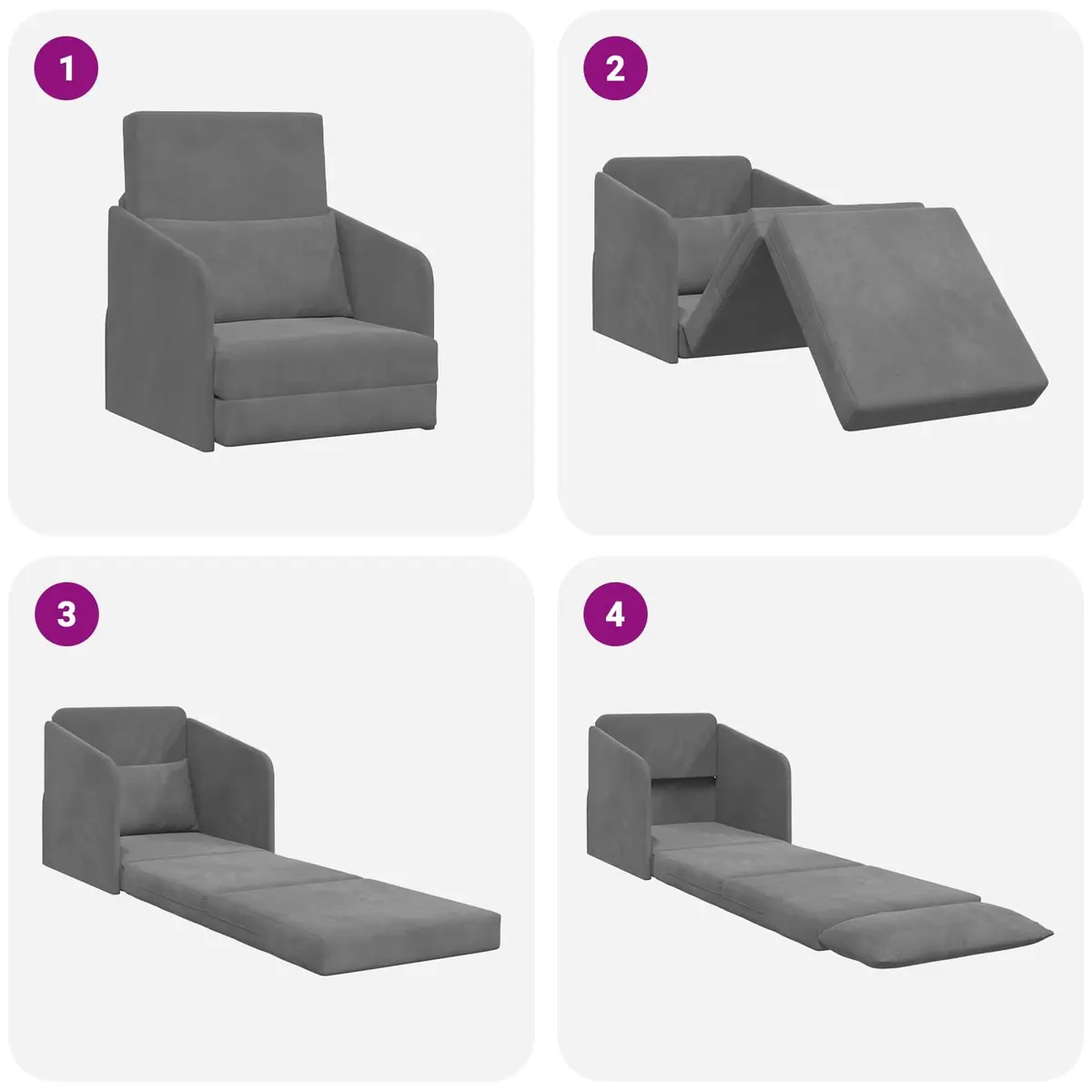 Sofa Bed Grey Velvet Convertible Lounge Furniture 65 x 80 x 83 cm