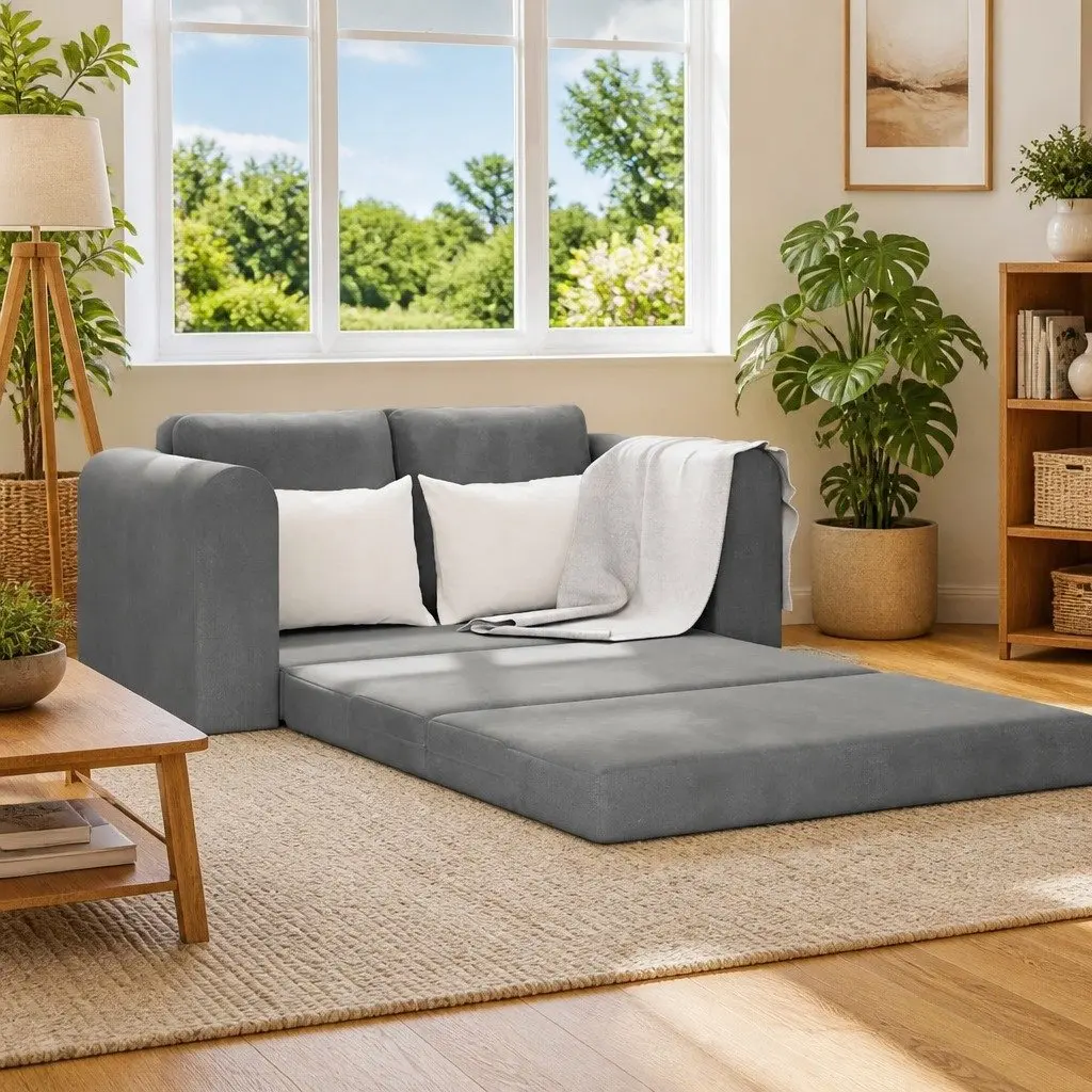 Sofa Bed Grey Velvet Convertible Couch 148x71x83cm Modern Living Room Guest Space