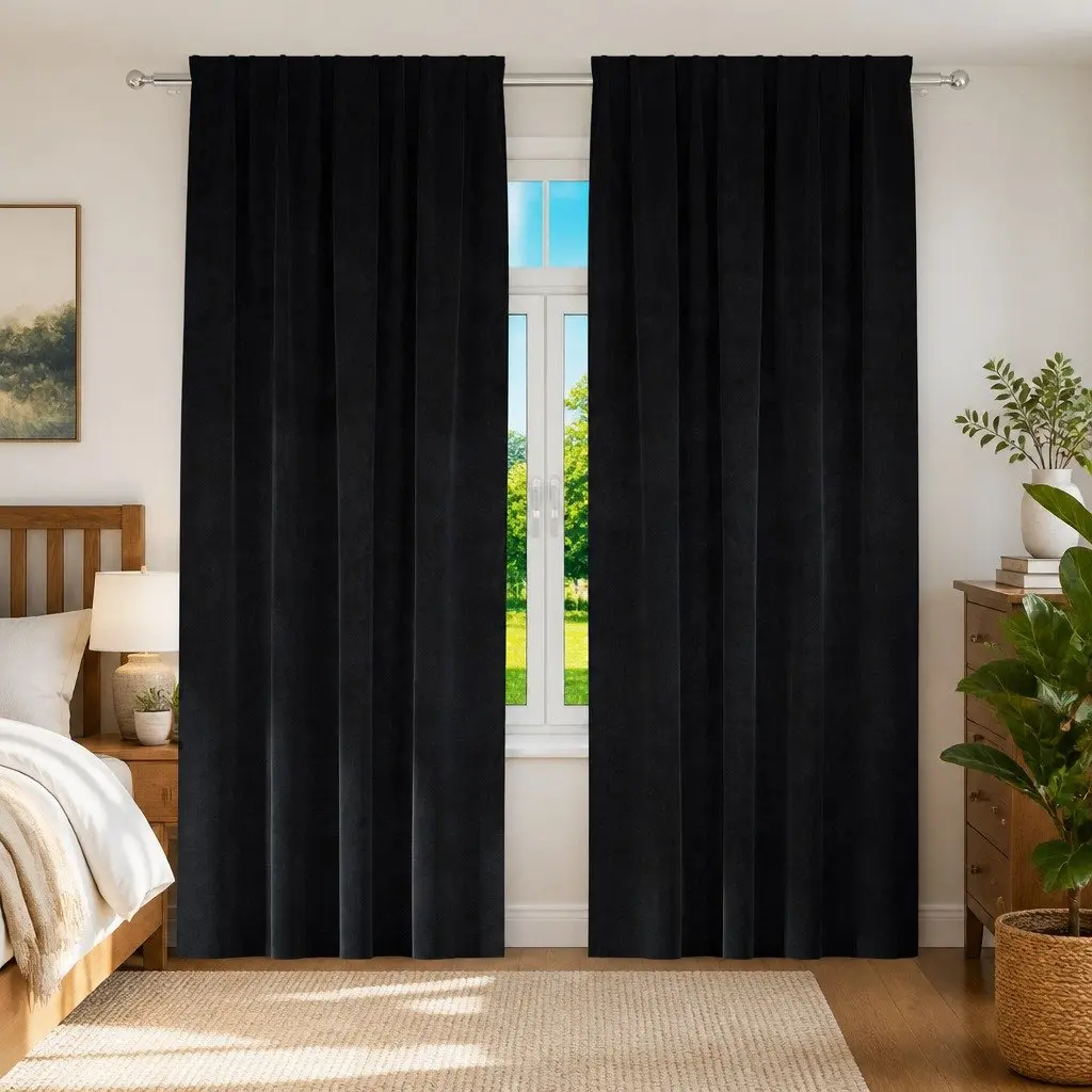 Black Velvet Blackout Curtains Set