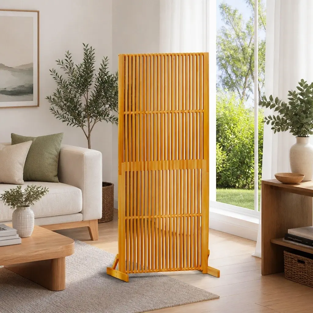 Room Divider Privacy Screen Indoor Outdoor 180.5cm Brown Wooden Slatted Freestanding