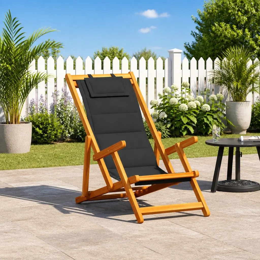 Folding Beach Chair Outdoor Seating Black Acacia Wood Textilene
