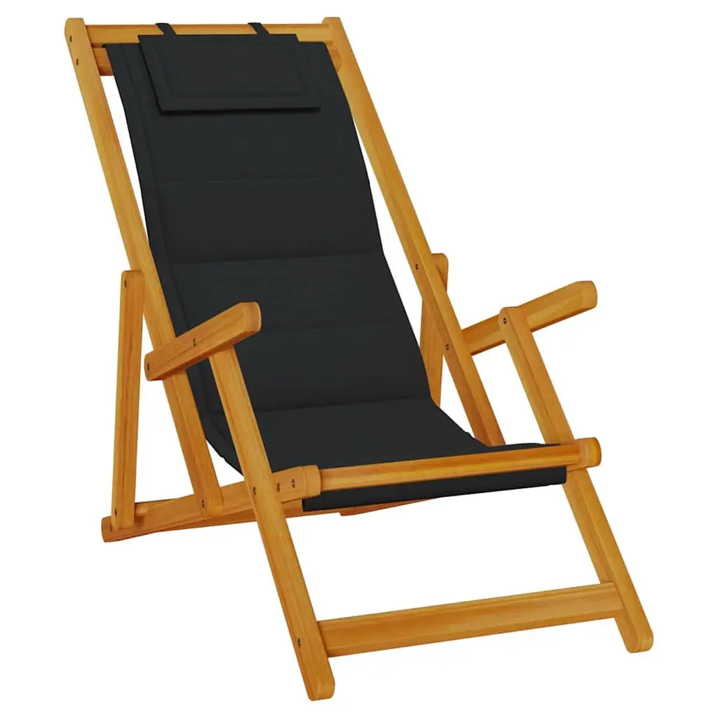Folding Beach Chair Outdoor Seating Black Acacia Wood Textilene