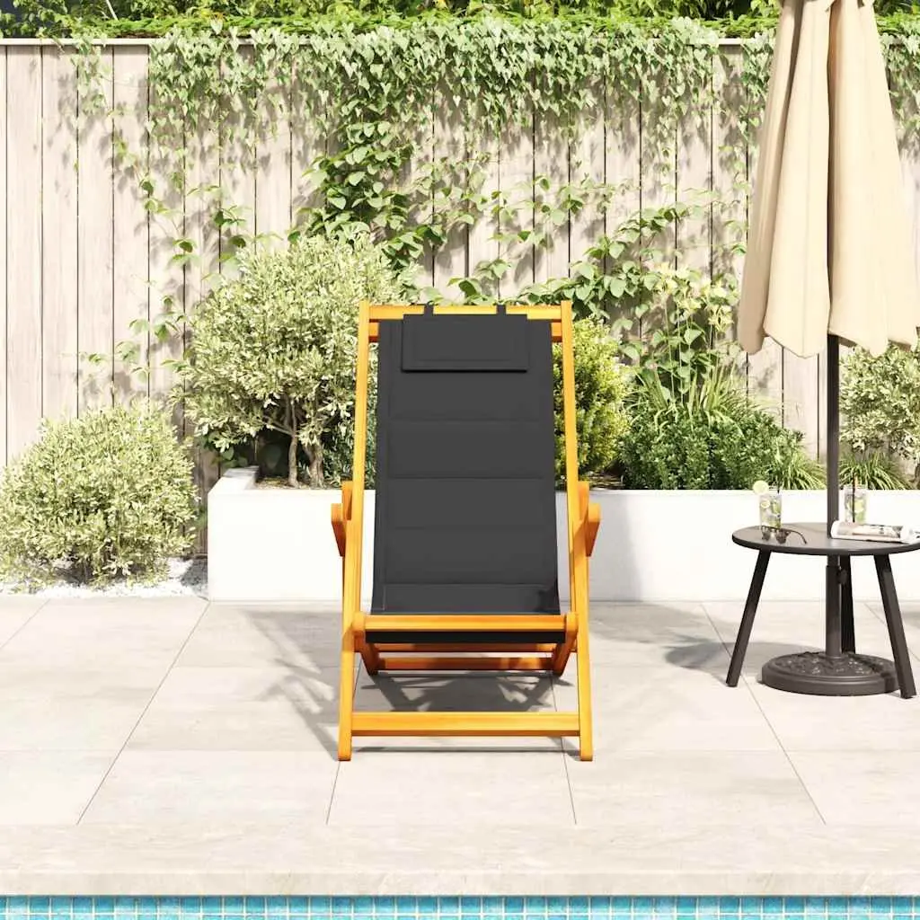 Folding Beach Chair Outdoor Seating Black Acacia Wood Textilene