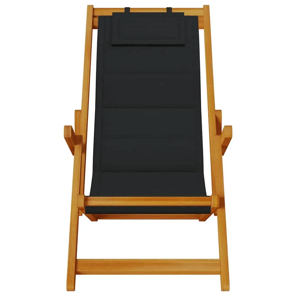 Folding Beach Chair Outdoor Seating Black Acacia Wood Textilene