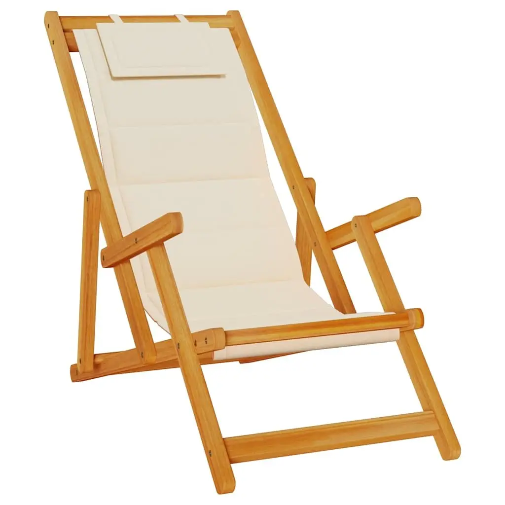 Folding Beach Chair with Armrests Cream Outdoor Garden Camping Reclining Seat