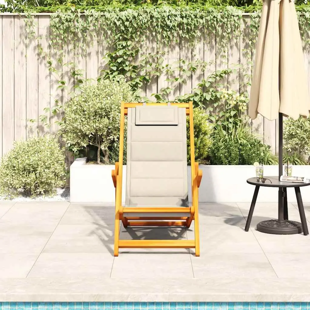 Folding Beach Chair with Armrests Cream Outdoor Garden Camping Reclining Seat