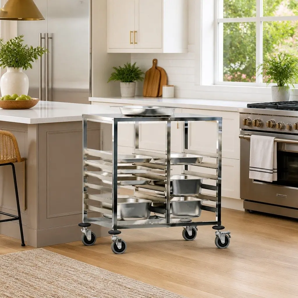 Kitchen Service Cart Tray Trolley Silver Stainless Steel GN Container Storage with Adjustable Height and Four Locking Castors