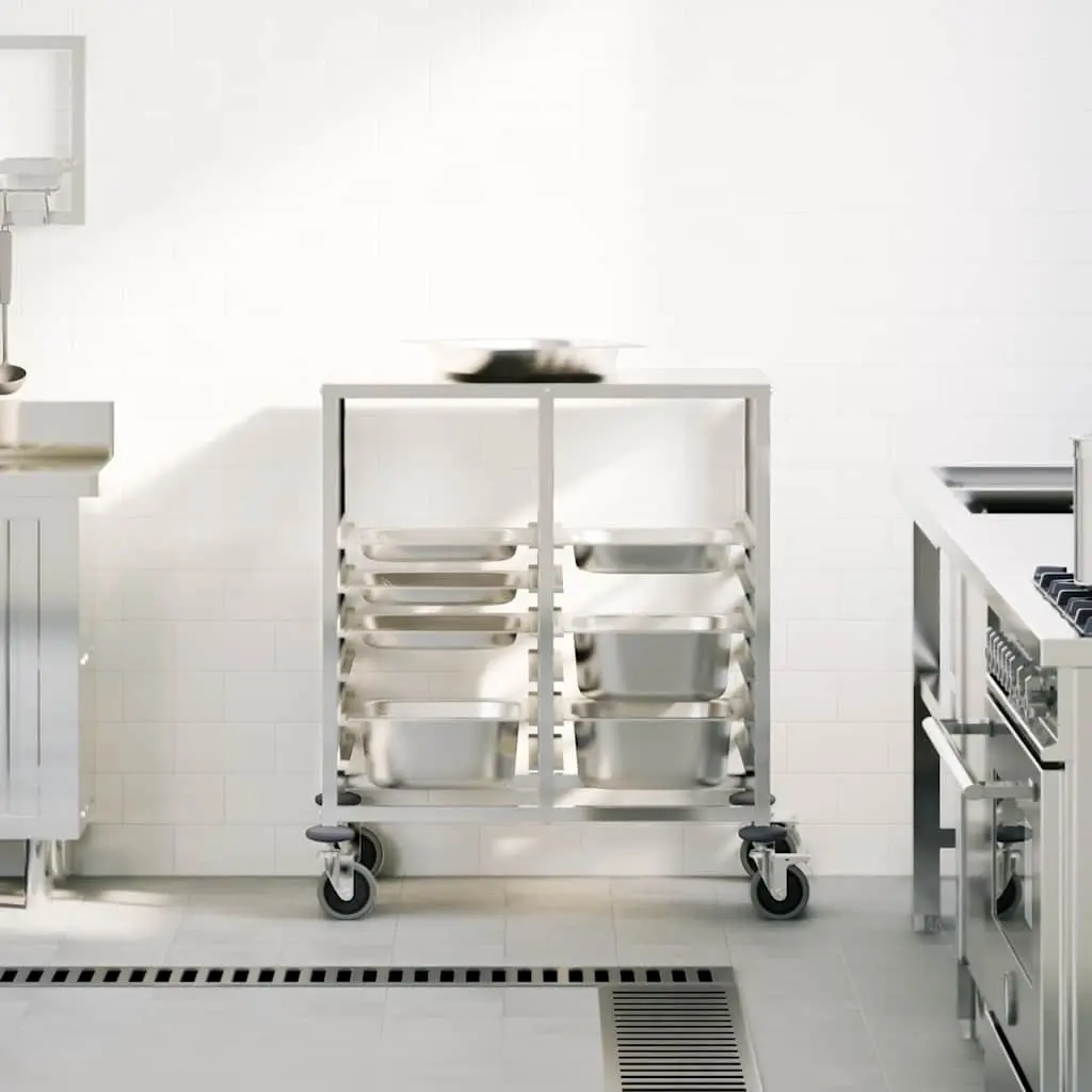 Kitchen Service Cart Tray Trolley Silver Stainless Steel GN Container Storage with Adjustable Height and Four Locking Castors