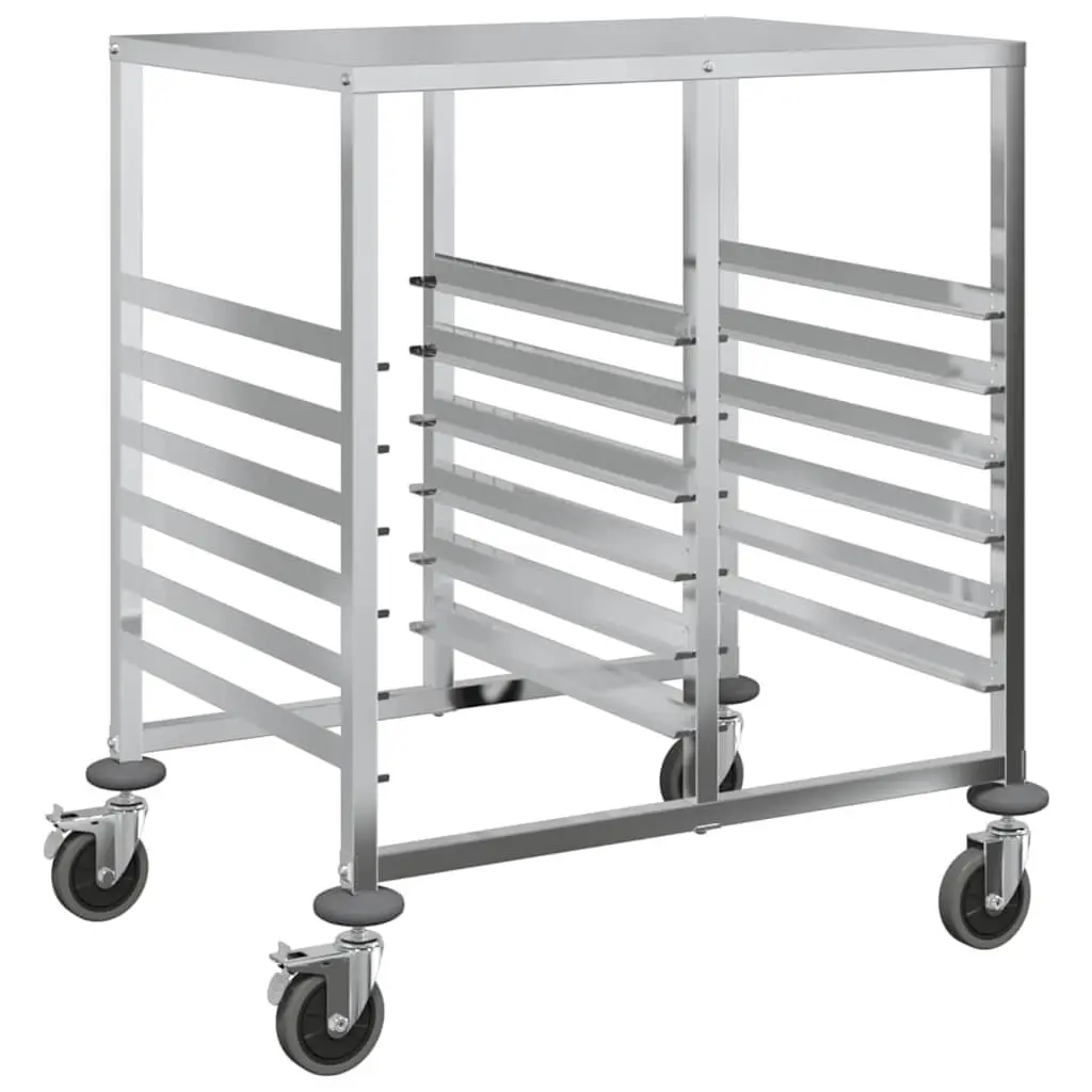 Kitchen Service Cart Tray Trolley Silver Stainless Steel GN Container Storage with Adjustable Height and Four Locking Castors