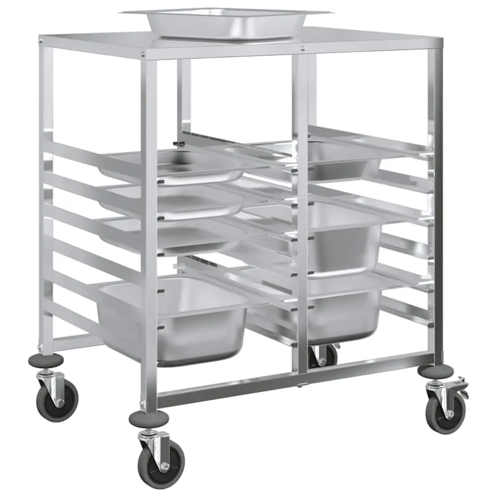 Kitchen Service Cart Tray Trolley Silver Stainless Steel GN Container Storage with Adjustable Height and Four Locking Castors