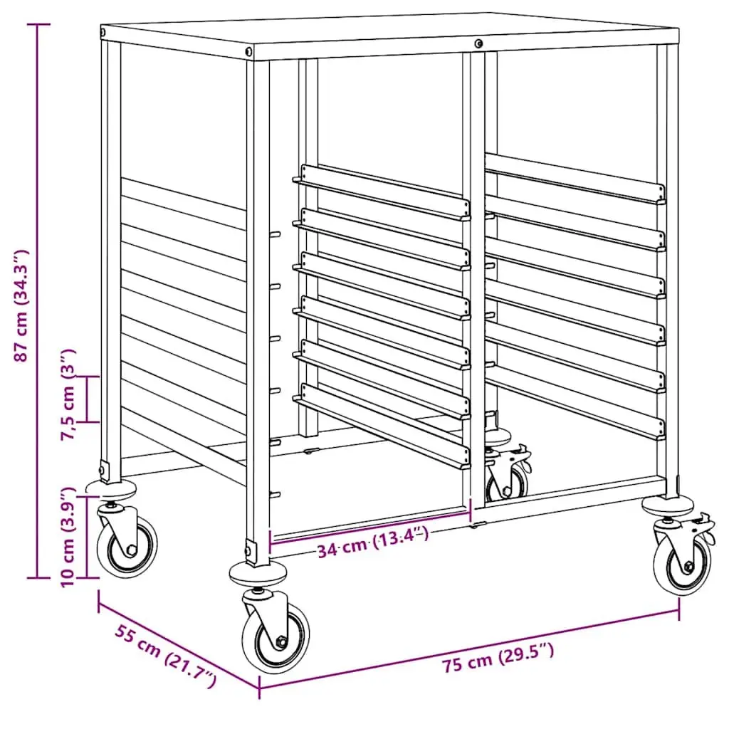 Kitchen Service Cart Tray Trolley Silver Stainless Steel GN Container Storage with Adjustable Height and Four Locking Castors