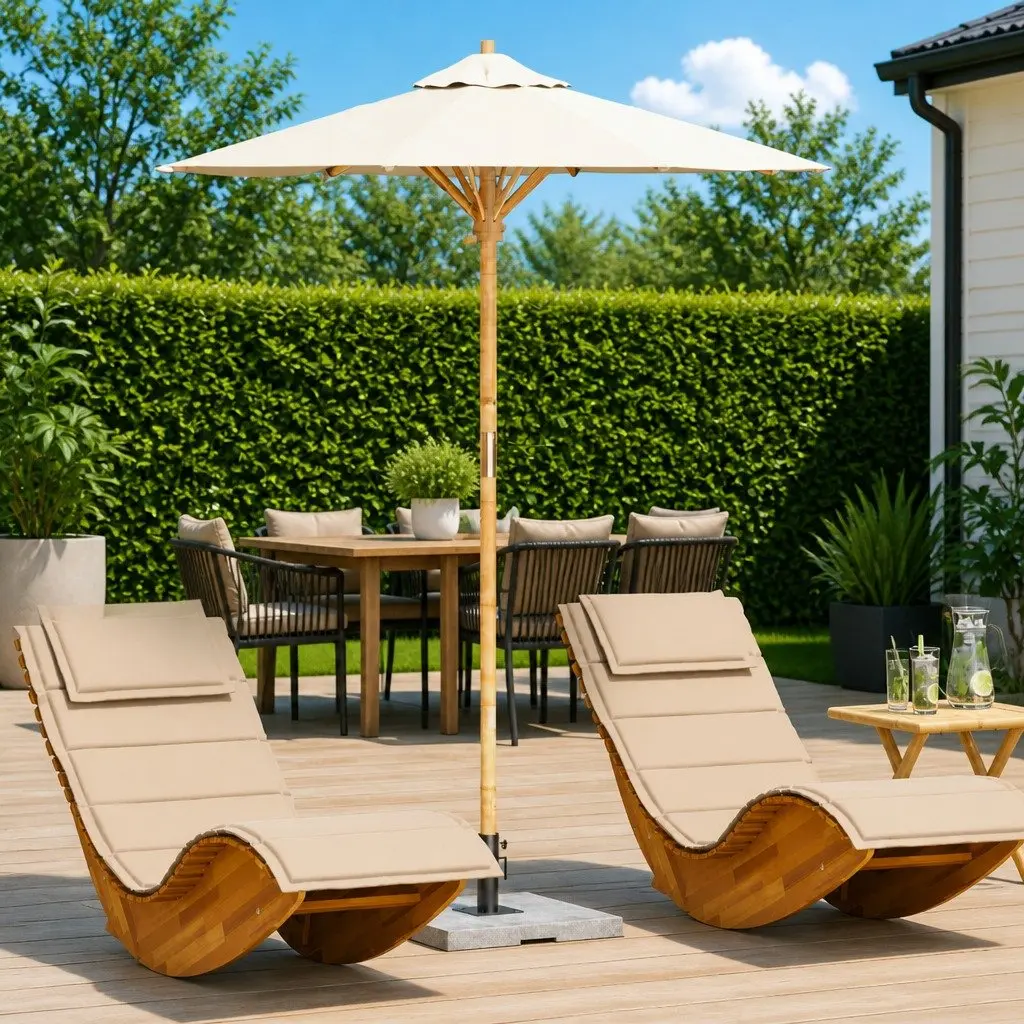 Garden Parasol Round Outdoor Shade 180cm Cream White Bamboo Frame