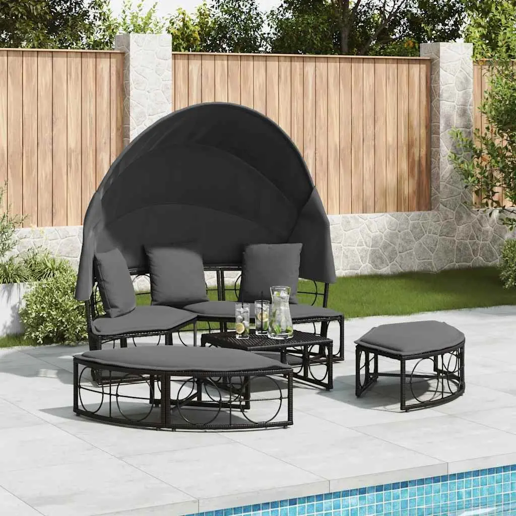 Outdoor Lounge Bed Modular Garden Furniture with Canopy Cushions Black Rattan