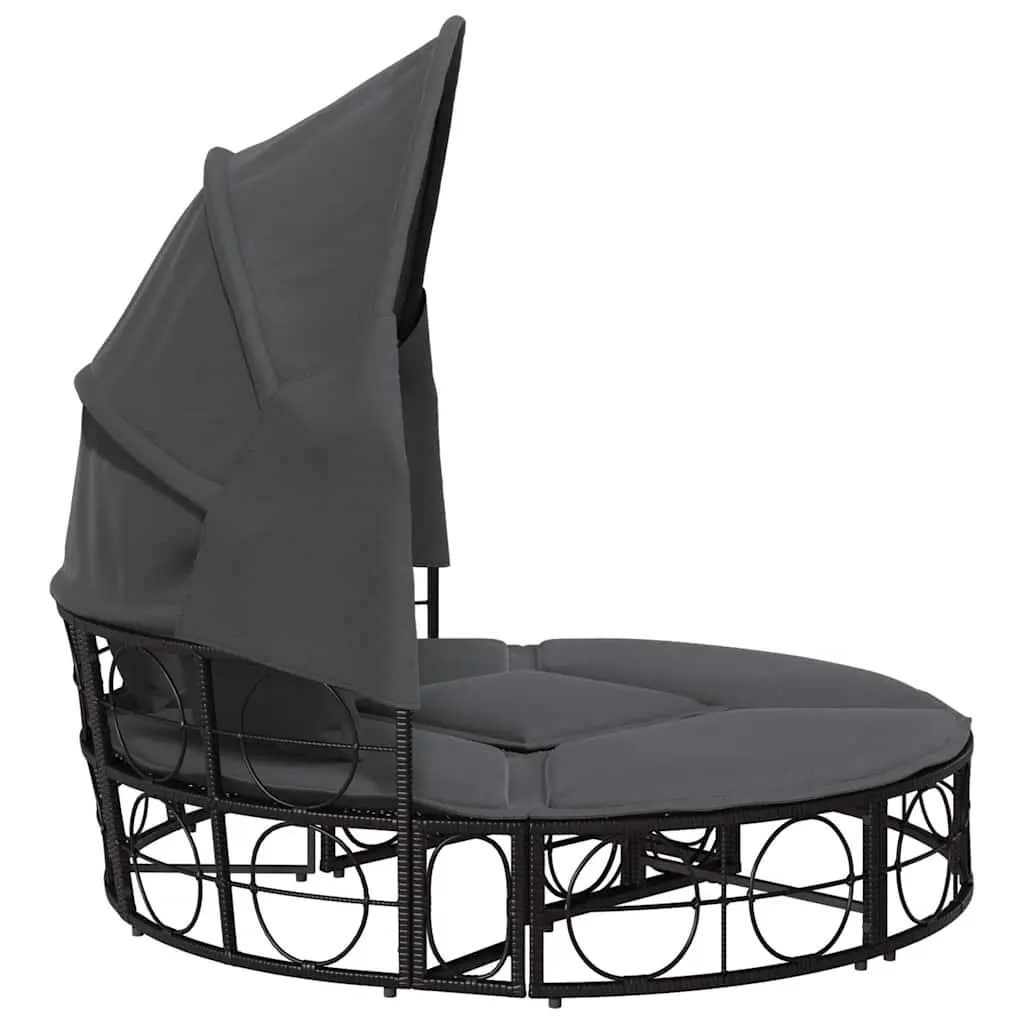 Outdoor Lounge Bed Modular Garden Furniture with Canopy Cushions Black Rattan