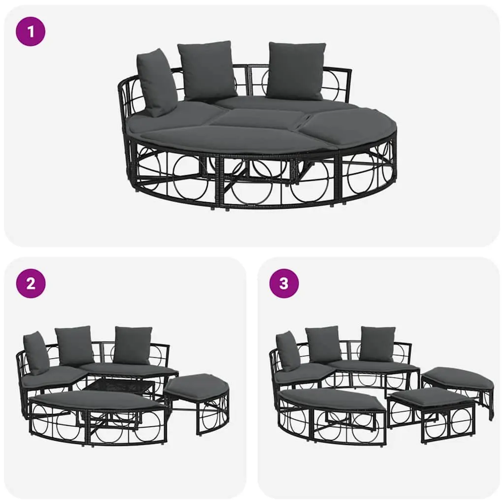 Modular Outdoor Lounge Bed Garden Furniture Black Poly Rattan Cushions