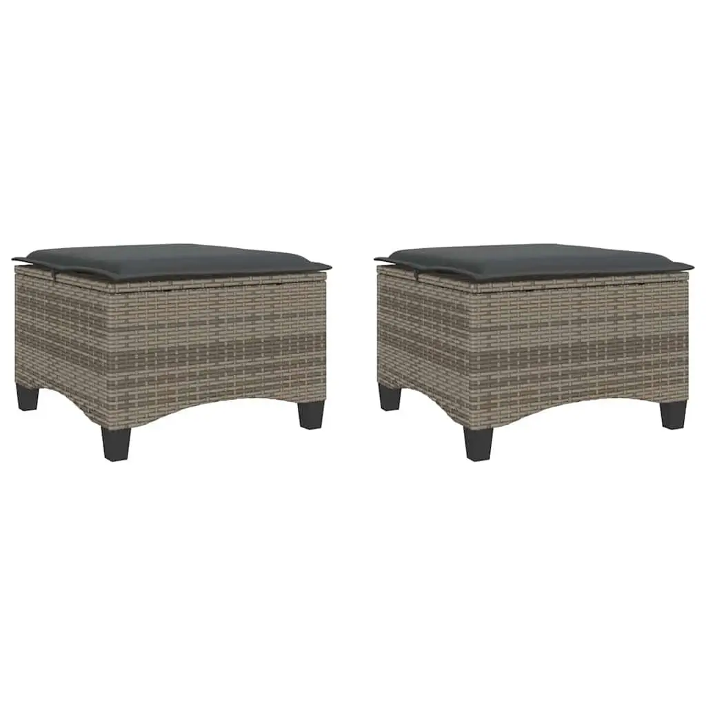 Garden Stools with Cushions 2 pcs Grey Outdoor Footrest Rattan Seating