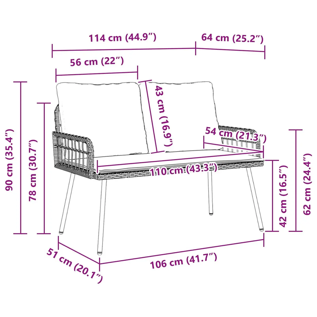 Garden Bench Outdoor Seating 114cm Black Steel Frame Poly Rattan
