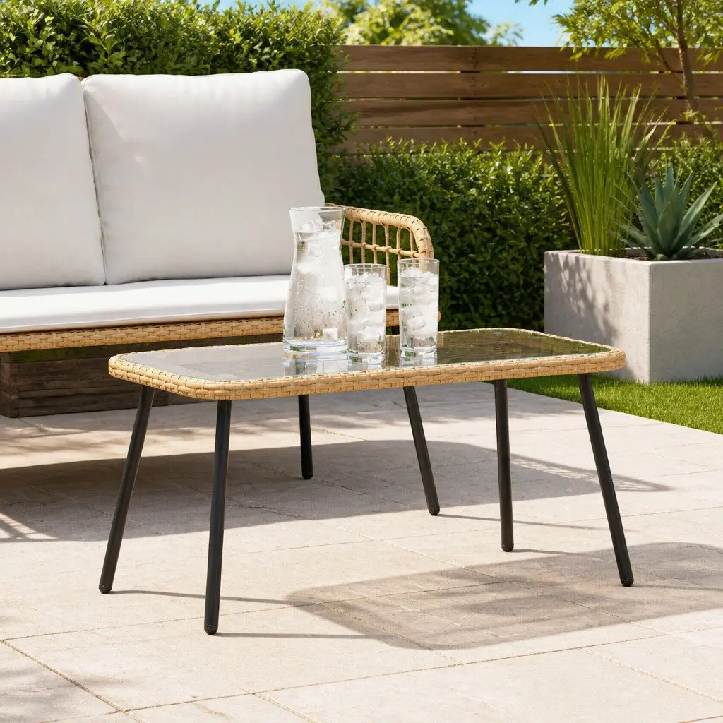 Outdoor Coffee Table Brown Poly Rattan Glass Top Garden Terrace Patio Furniture