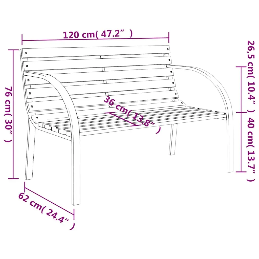 Garden Bench Outdoor Seating 120cm Brown Wooden Slats Iron Frame Curved Armrests