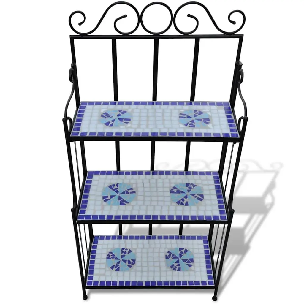 Mosaic Ceramic 3-Tier Plant Display Stand Blue White Curved Iron Frame Garden Balcony Decor