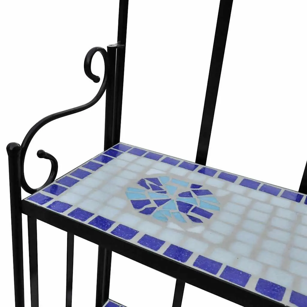 Mosaic Ceramic 3-Tier Plant Display Stand Blue White Curved Iron Frame Garden Balcony Decor