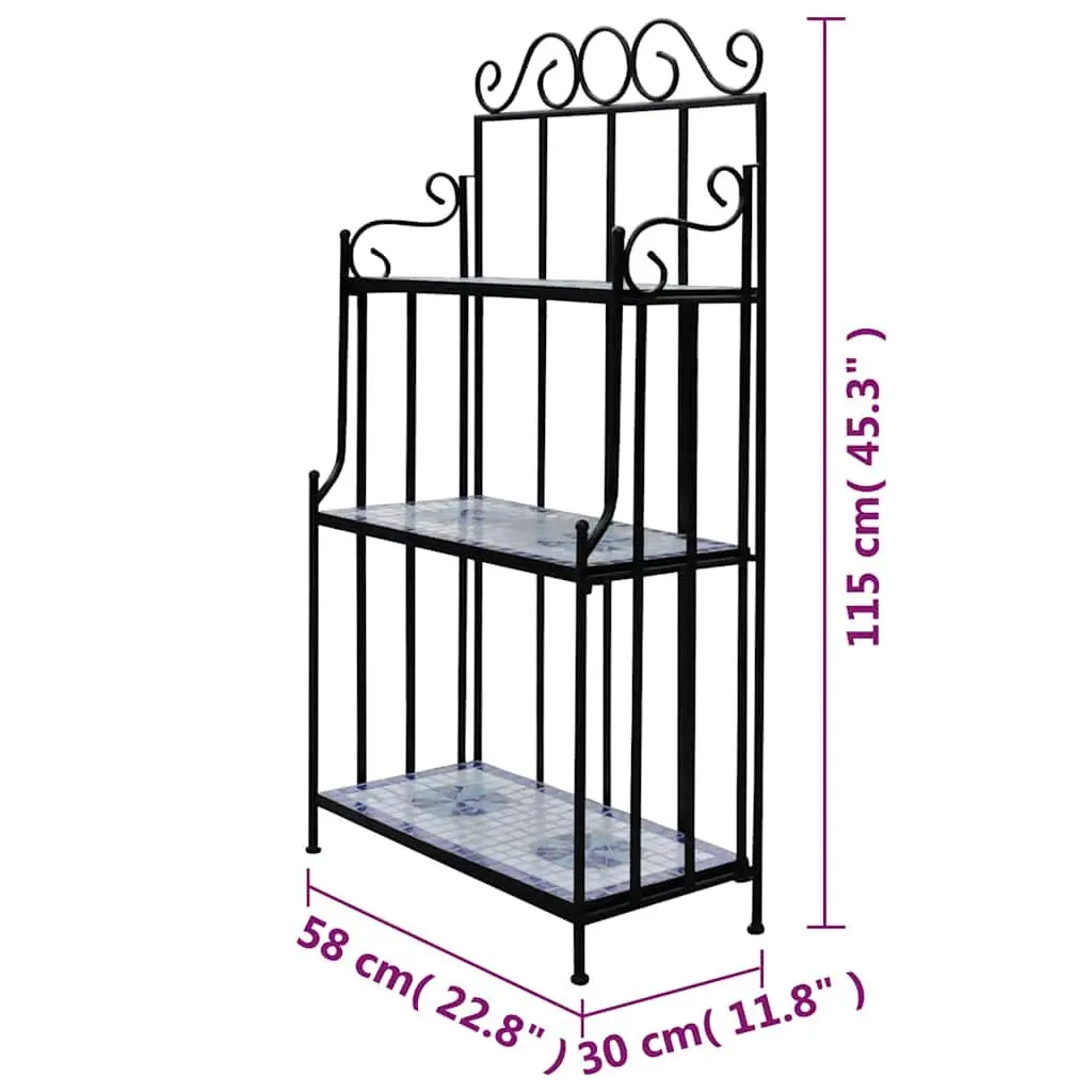 Mosaic Ceramic 3-Tier Plant Display Stand Blue White Curved Iron Frame Garden Balcony Decor