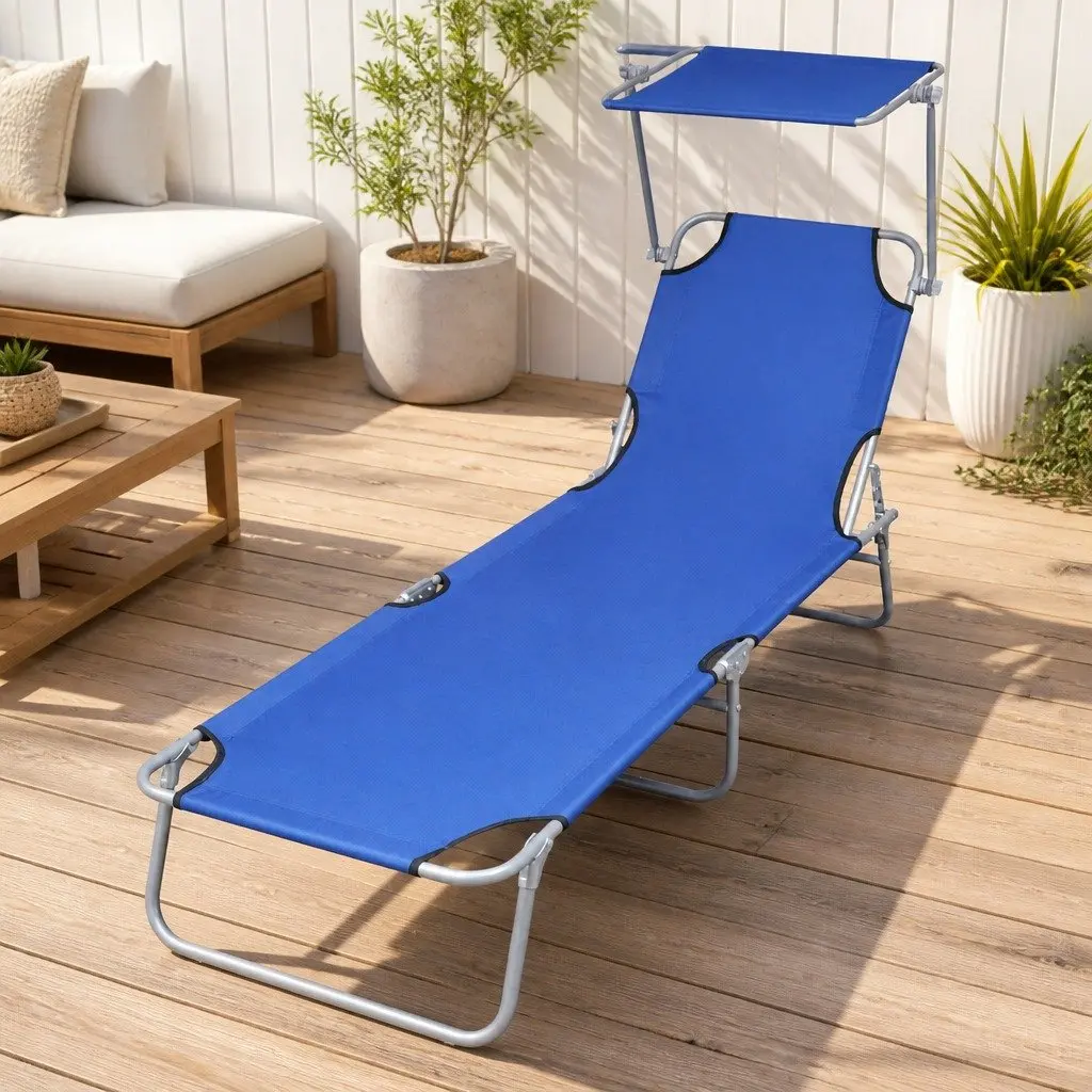 Folding Sun Lounger with Adjustable Canopy Blue