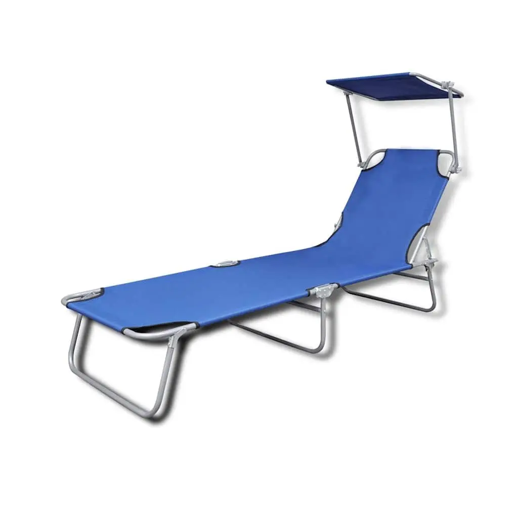 Folding Sun Lounger with Adjustable Canopy Blue