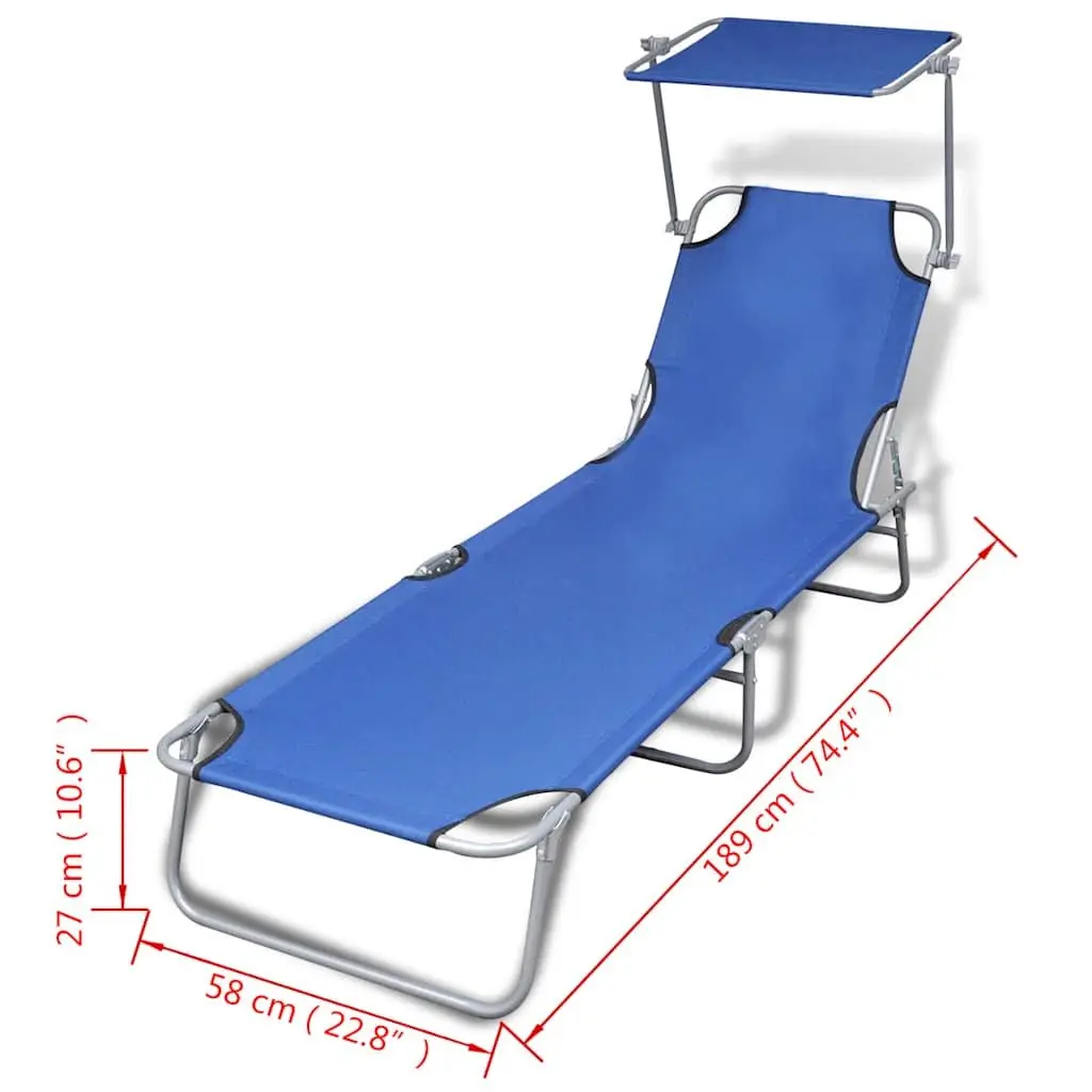 Folding Sun Lounger with Adjustable Canopy Blue