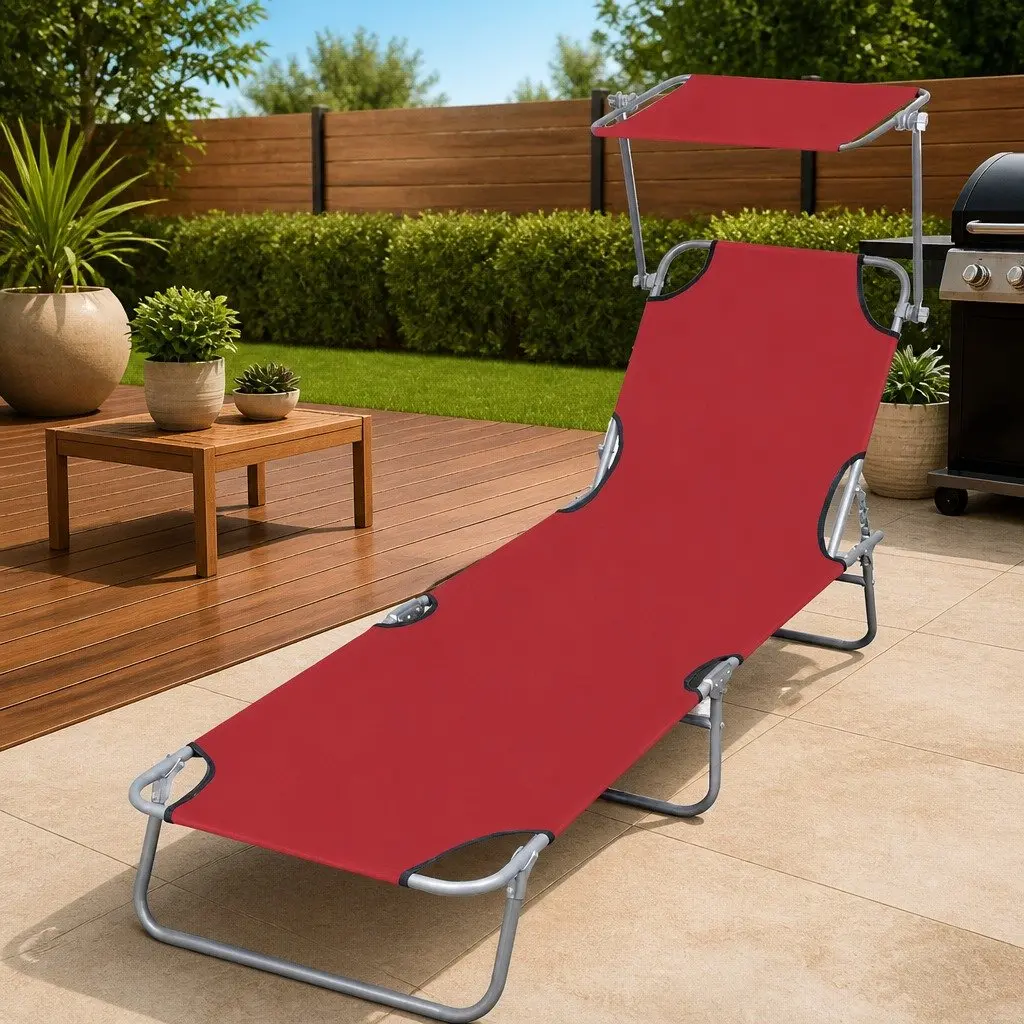 Folding Sun Lounger Adjustable Backrest Outdoor Reclining Sunbed Red
