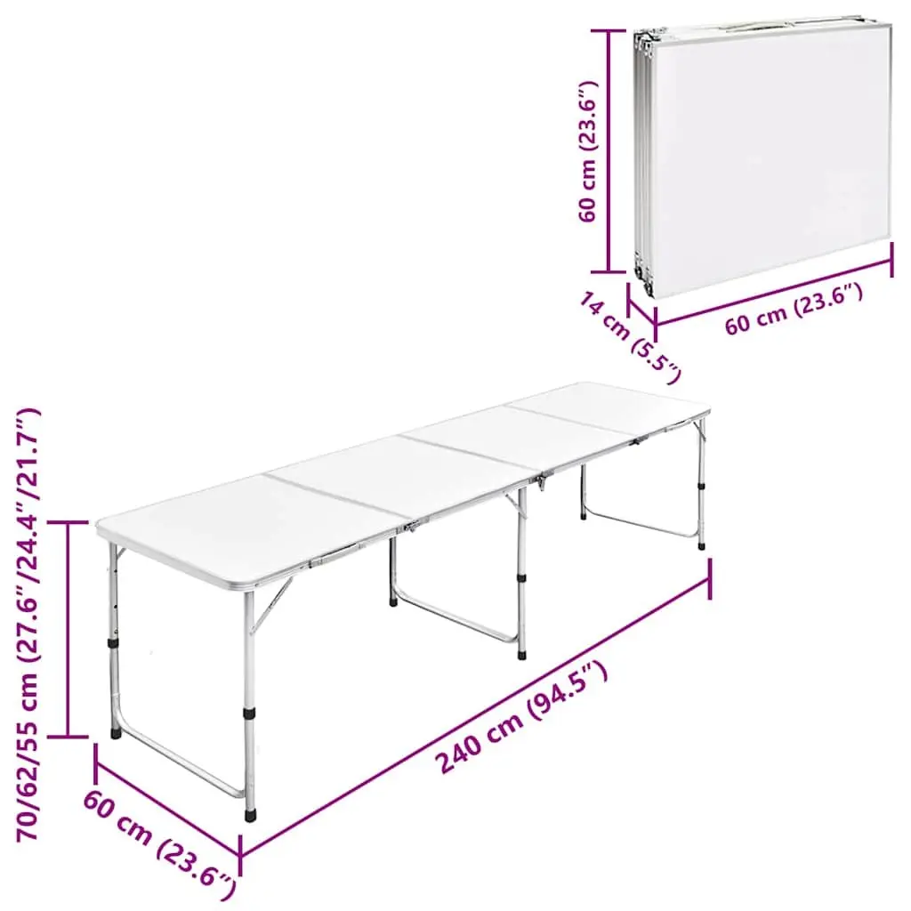 Foldable Camping Table Adjustable Height 240 x 60 cm White