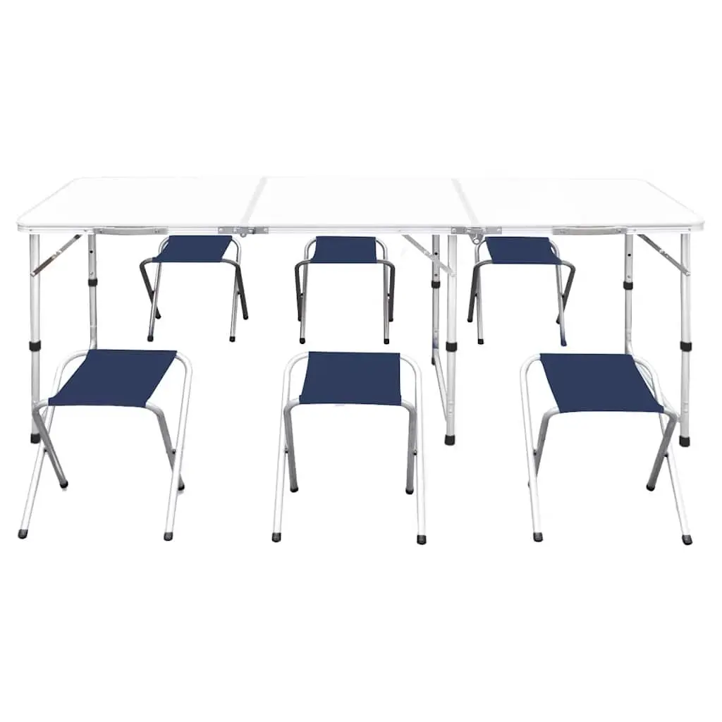 Foldable Camping Table Set Height Adjustable Outdoor Picnic Garden 1 Table 6 Stools White