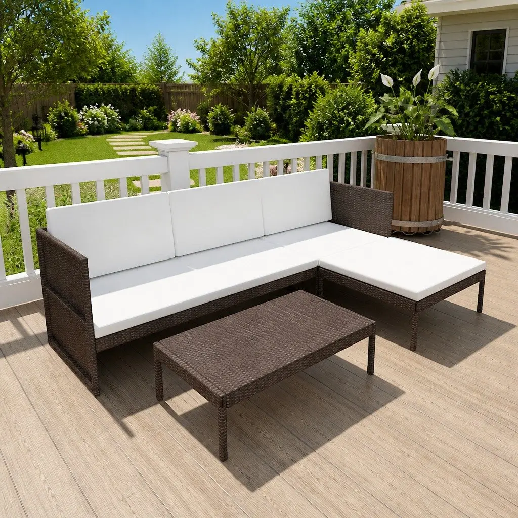 3 Piece Outdoor Lounge Set Garden Patio Furniture Cushions Brown