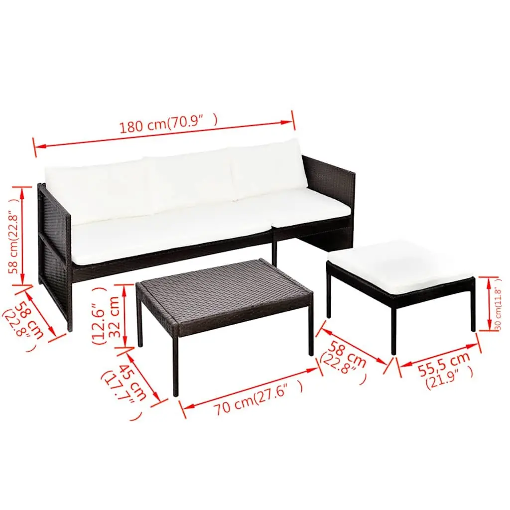 3 Piece Outdoor Lounge Set Garden Patio Furniture Cushions Brown