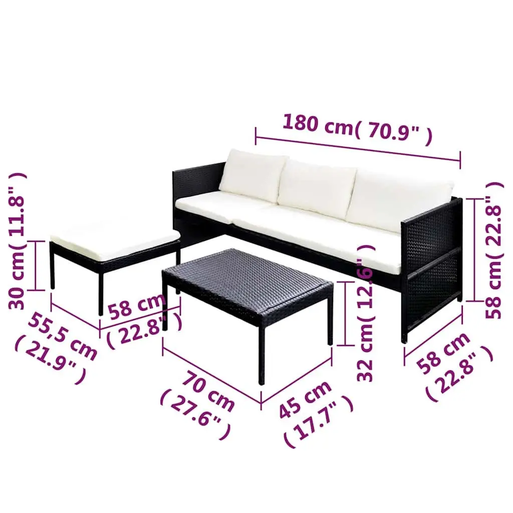 3 Piece Outdoor Lounge Set Garden Patio Furniture Poly Rattan Black