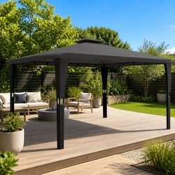 Outdoor Garden Gazebo 3x4m Poly Rattan Wicker Canopy Sunshade Pavilion Grey Roof