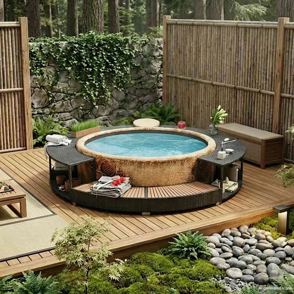 Poly Rattan Hot Tub Surround Black Spa Cabinet Round Inflatable Spa Storage 203 cm