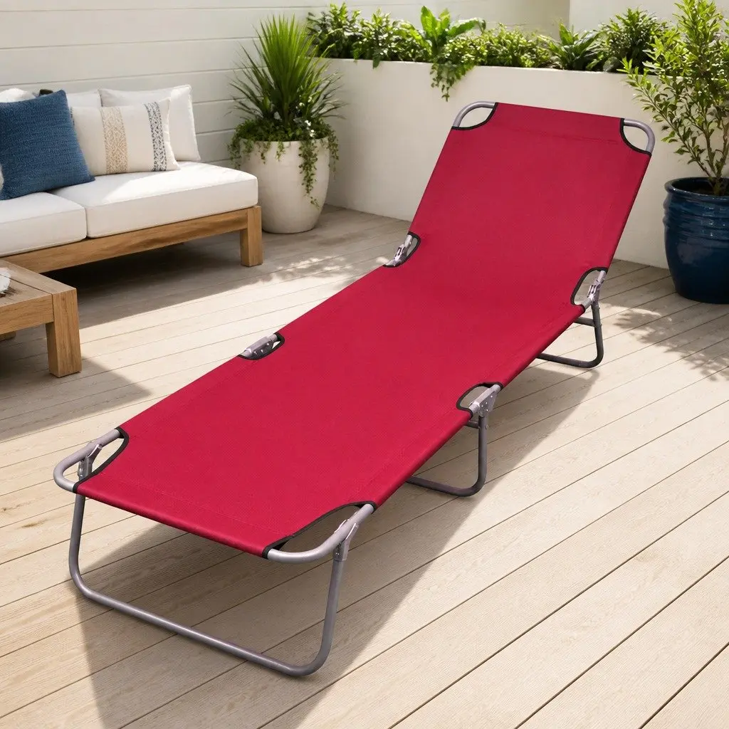 Portable Folding Sun Lounger Adjustable Backrest Red Outdoor Chair