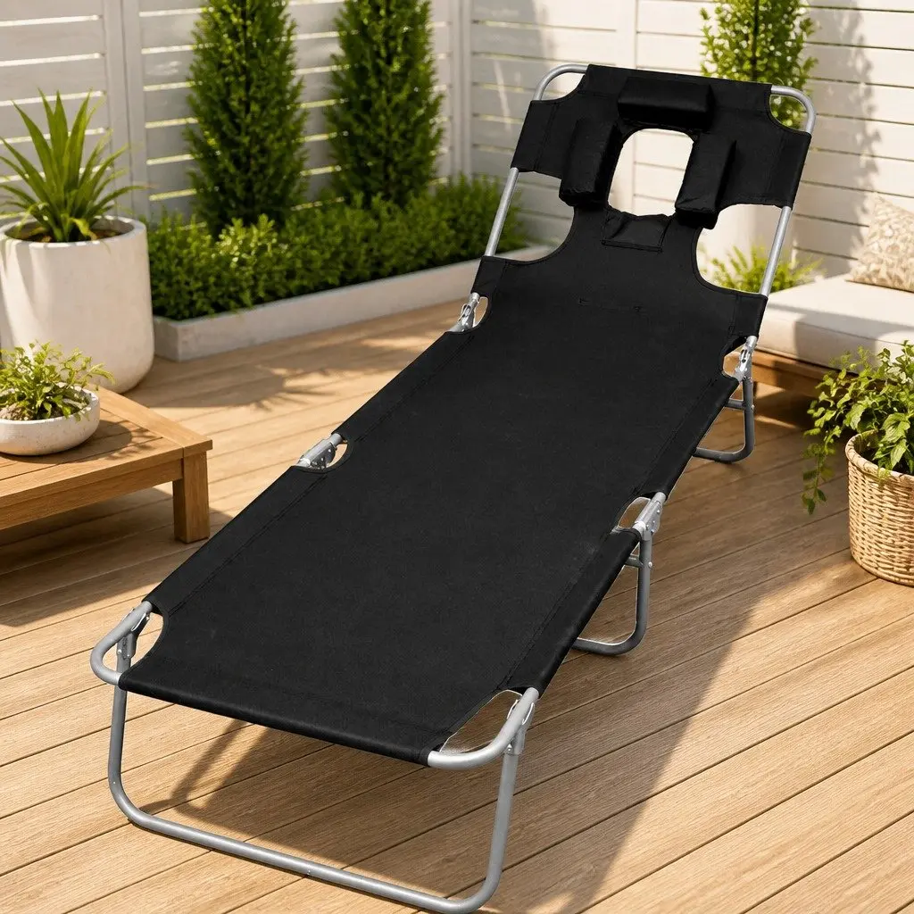 Black Folding Sun Lounger with Head Cushion