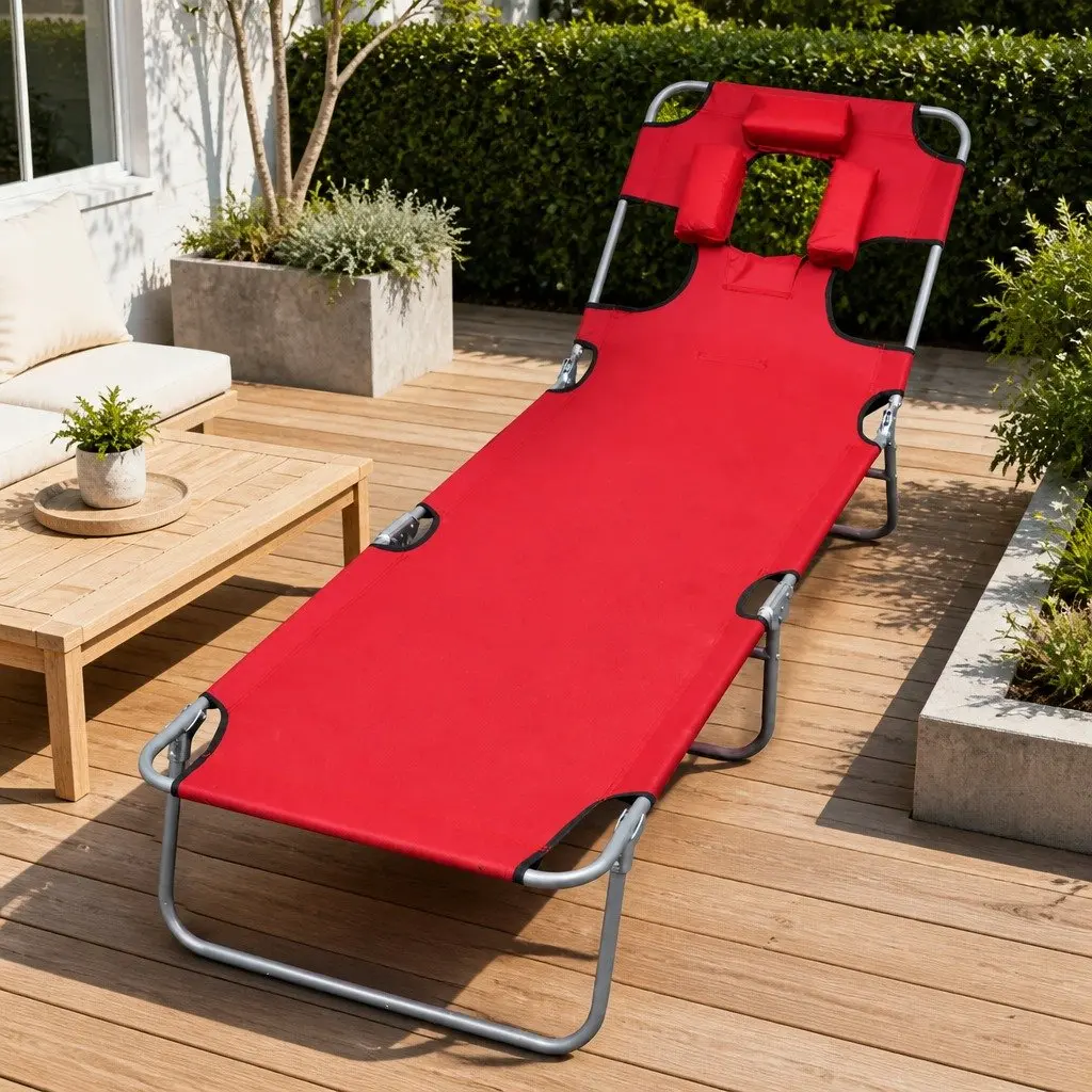 Folding Sun Lounger Outdoor Garden Reclining Beach Chair Adjustable Backrest Red