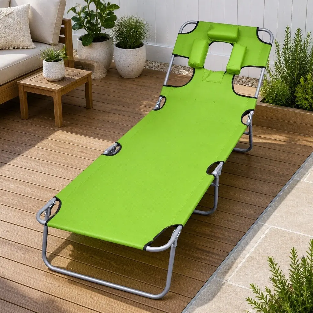 Folding Sun Lounger Adjustable Backrest Outdoor Seating Green