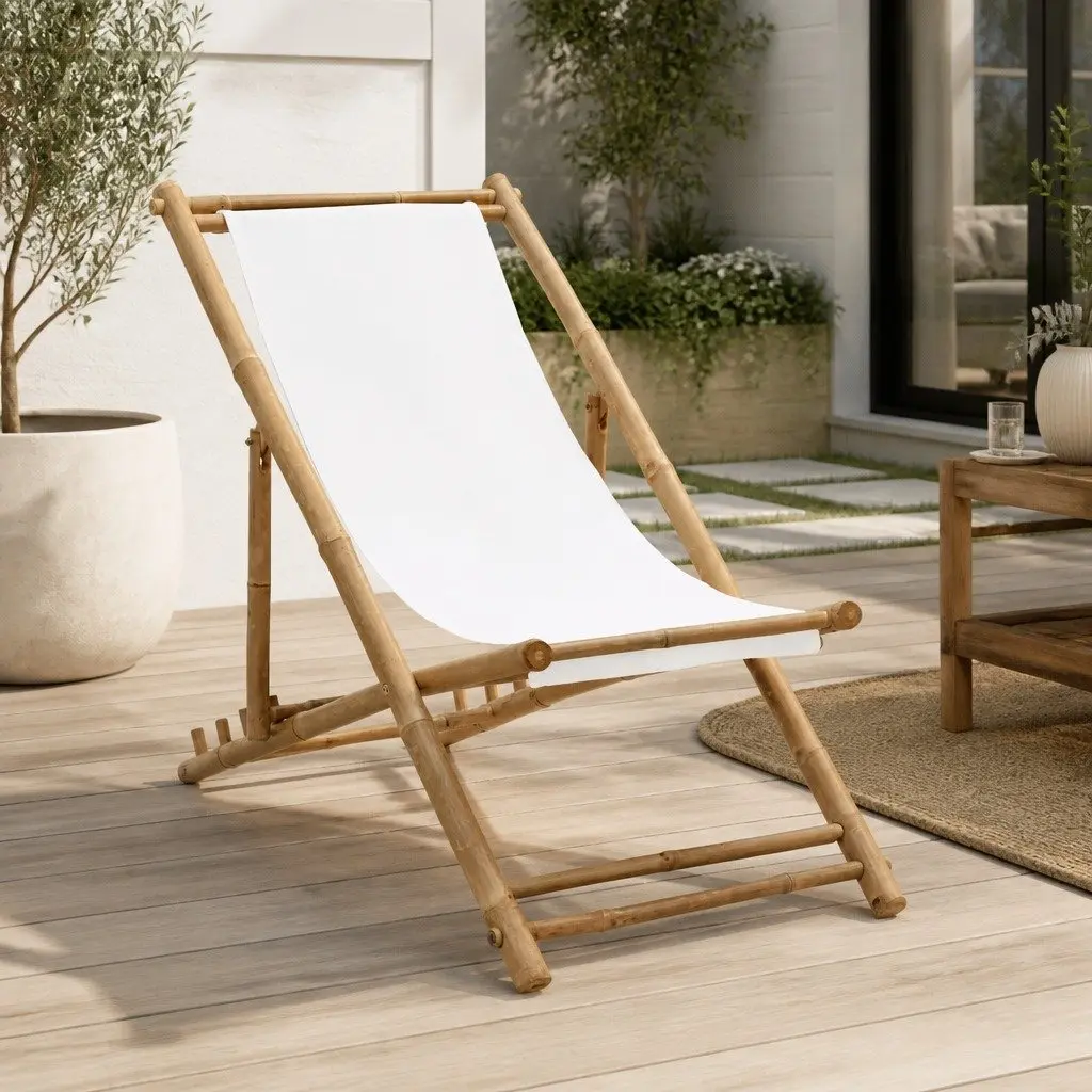 Deck Chair Bamboo Canvas White Folding Outdoor Relaxation Seating
