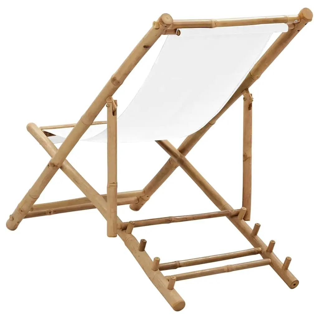 Deck Chair Bamboo Canvas White Folding Outdoor Relaxation Seating