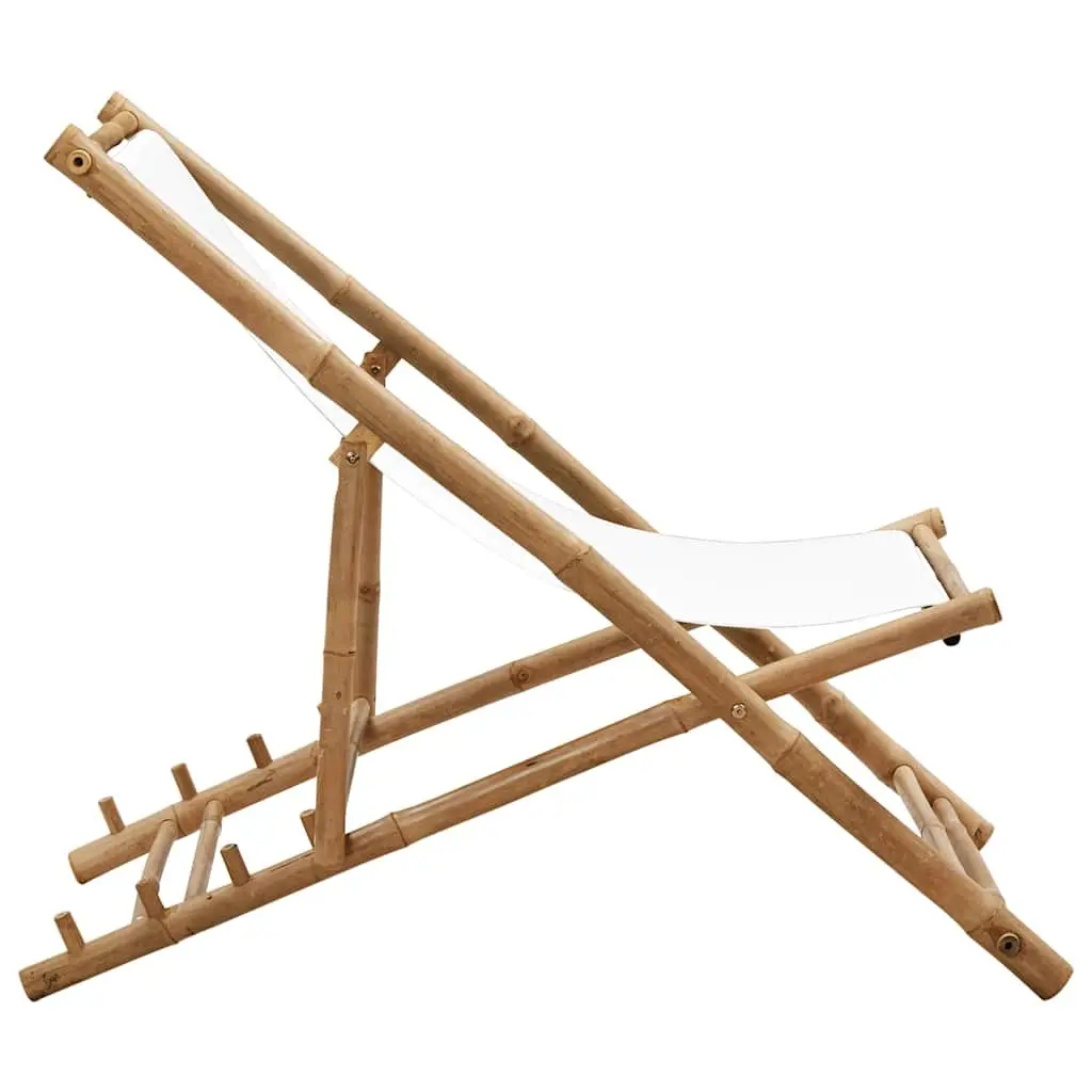 Deck Chair Bamboo Canvas White Folding Outdoor Relaxation Seating