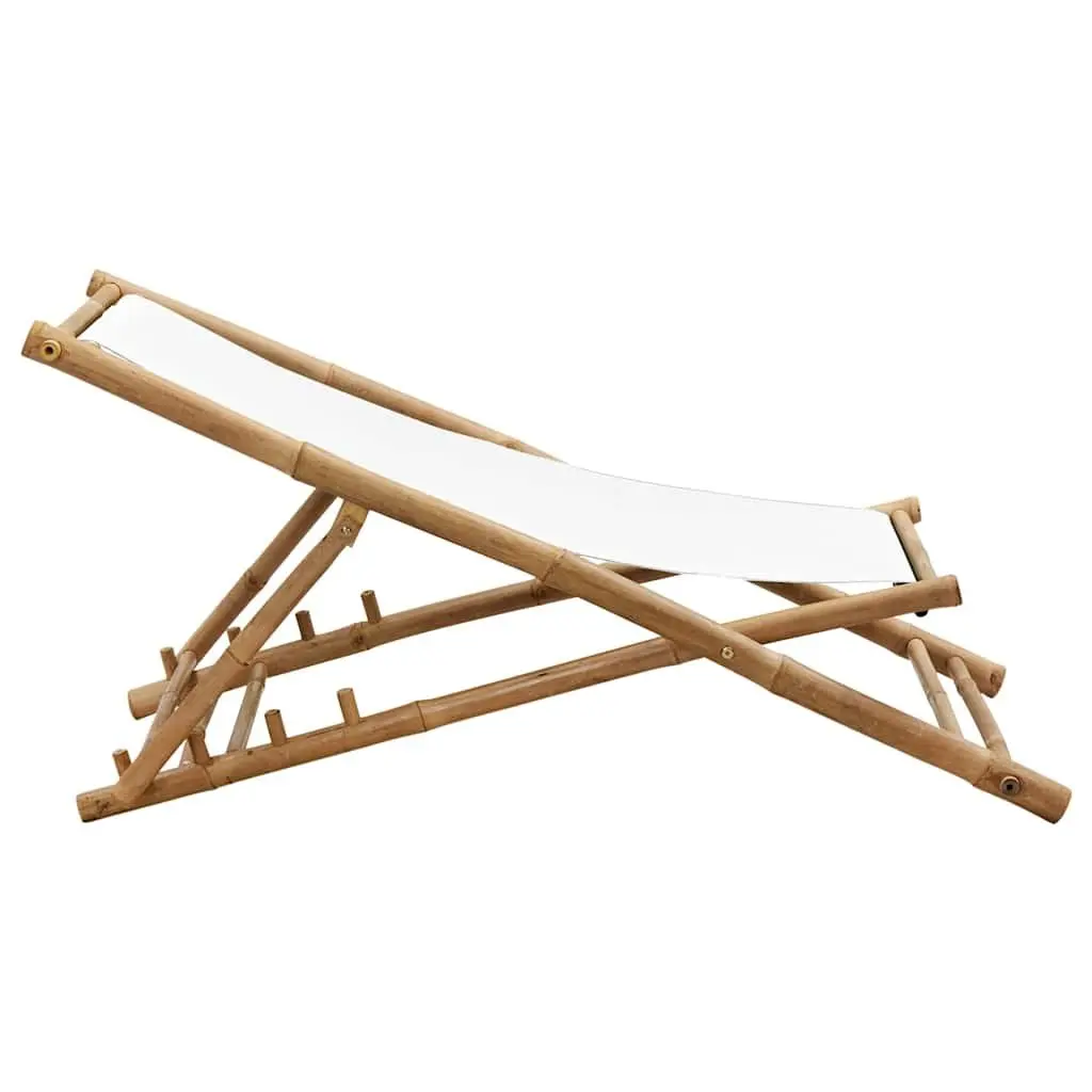 Deck Chair Bamboo Canvas White Folding Outdoor Relaxation Seating