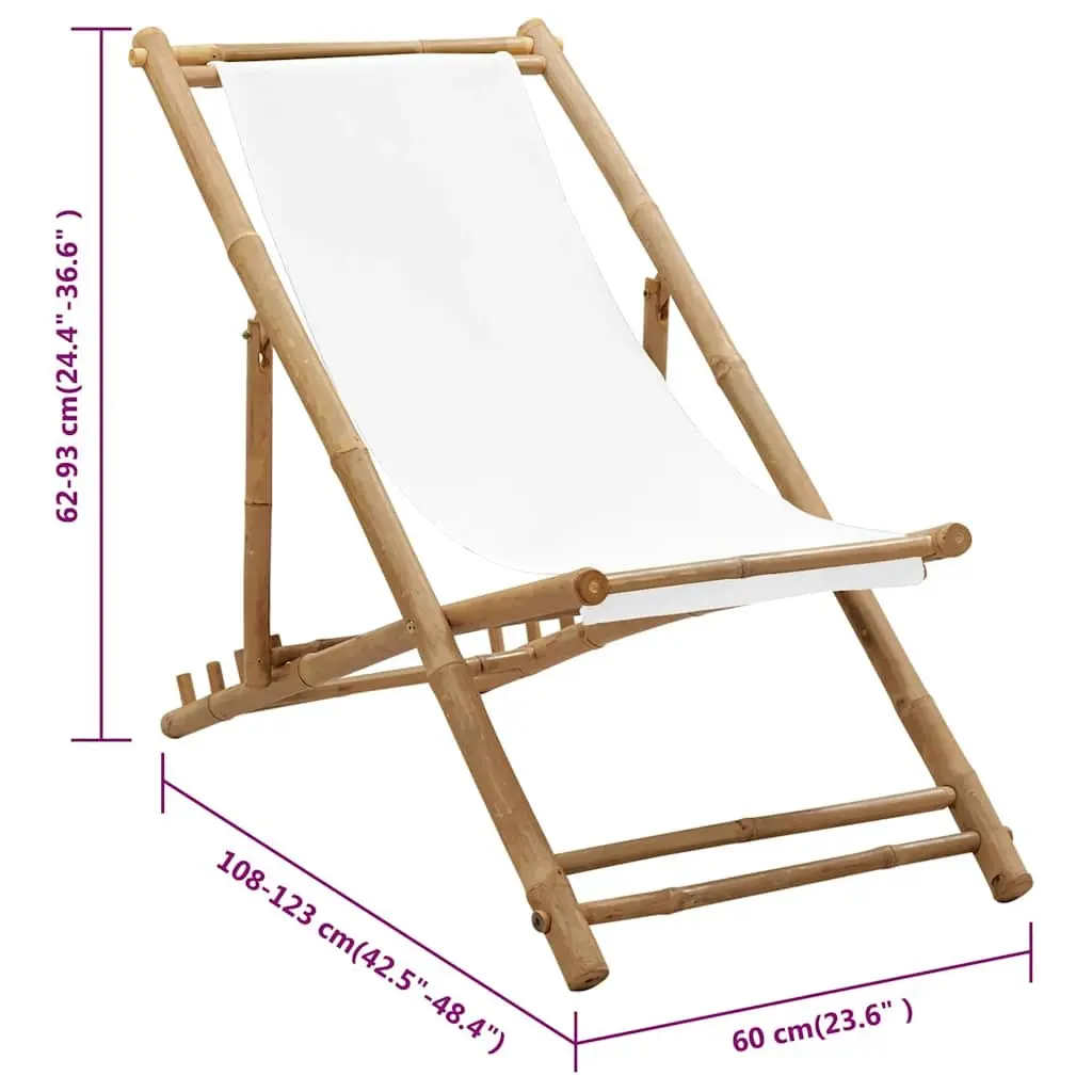 Deck Chair Bamboo Canvas White Folding Outdoor Relaxation Seating