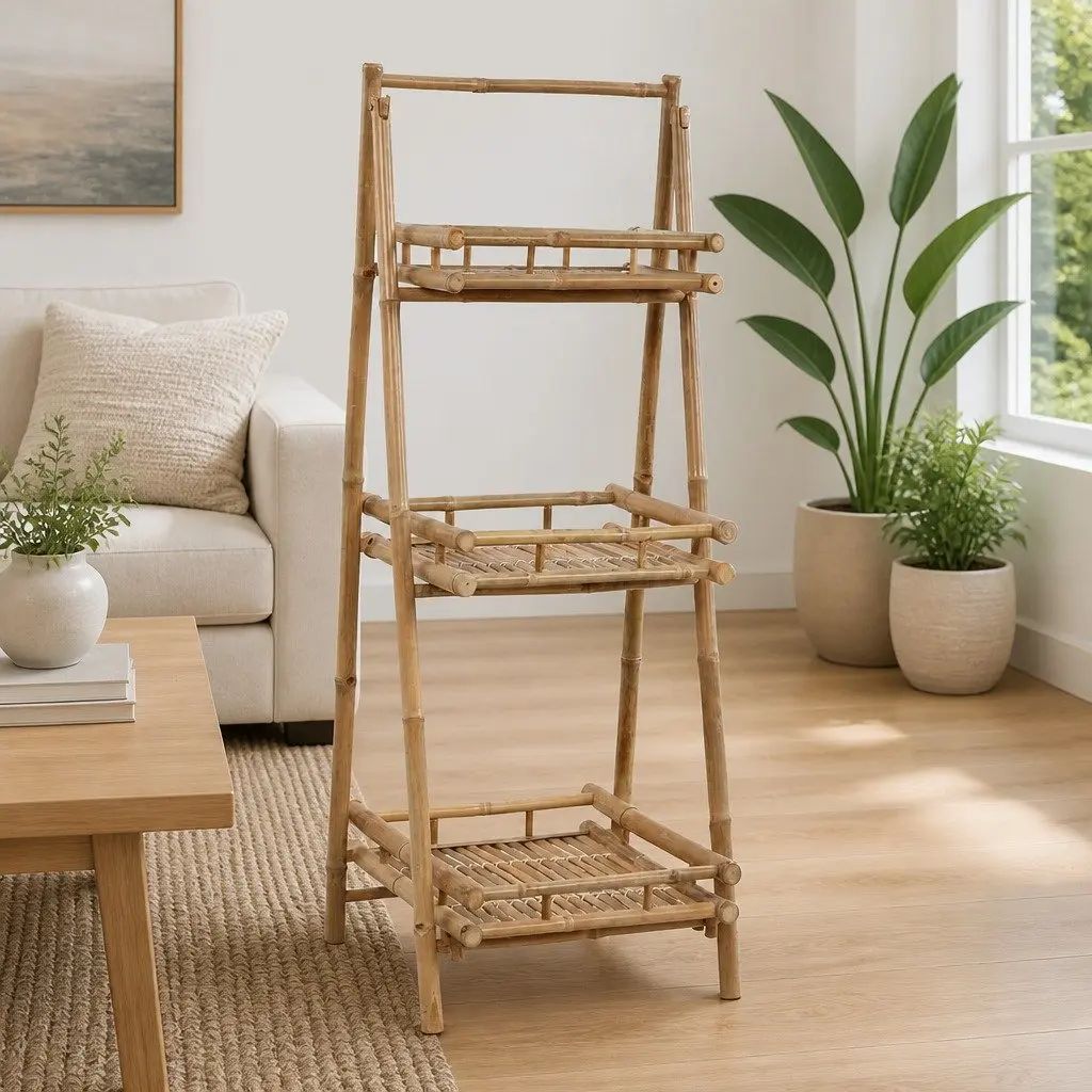 Folding Plant Rack Bamboo 3-Tier Display Organizer Brown